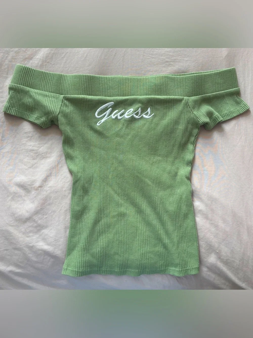 Guess Green Off-Shoulder Ribbed Top with Logo - Picture 1 of 1